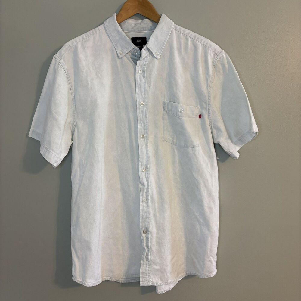 NWT OBEY Mens Keble Denim Woven Button Down Short Sleeve Shirt XL $65 Streetwear